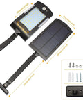 Outdoor Solar Flood Lights 48 LED Cordless Waterproof With Motion Sensor Adjustable Vertical 120 Degrees And Horizontal 180 Degrees Angles Security Lighting For Deck Fence Patio Front Door Yard Shed Path 4 Pack No Fuss Setup showing front view dimensions and mounting hardware