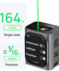 MCube Green Beam Laser Measuring Tool With 164 ft Range And High Visibility Real Green Beam For Indoor And Outdoor Jobs One Sixteenth Inch Accuracy LCD Display Bluetooth App Rechargeable Battery Compact Easy To Use shown with 164 ft range