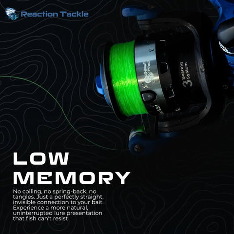 Monofilament Fishing Line Premium Nylon Mono With Low Memory For Smooth Long Casts, visible on a reel, Hi Vis Green color