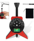 Front view of pipe center finder with magnetic centering head on red stand; dial protractor and storage pouch included.