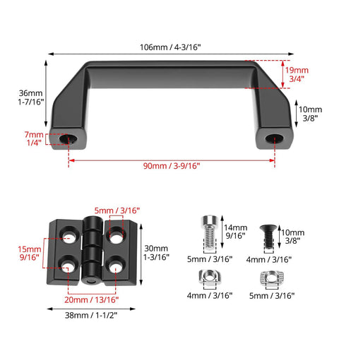 Dimensions of door handle and hinges for Two Pack 2020 Series Door Handle And Frame Hinges Install Kit For 2020 Aluminum Extrusion Profile 6mm Slot