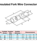 Technical diagram of insulated fork wire connectors with dimensions and specifications in color-coded table for suitable wire sizes.