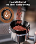 Top Shelf Espresso Accessories Kit Featuring A Dead Nuts Accurate 58mm Tamper Pro Grade Coffee Distributor And Heavy Duty WDT Tool showing a magnetic funnel with coffee grounds dosing smoothly.