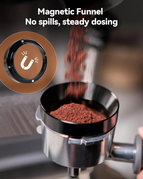 Top Shelf Espresso Accessories Kit Featuring A Dead Nuts Accurate 58mm Tamper Pro Grade Coffee Distributor And Heavy Duty WDT Tool showing a magnetic funnel with coffee grounds dosing smoothly.
