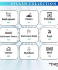 Tenedos Splash Collection tile guide showing backsplashes, floors, fireplace, bathroom walls, indoor, outdoor, wall uses