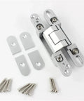Slick Silver Hidden Door Hinges with Dimensional Adjustment 140 mm Size visible with mounting plates and screws.