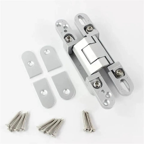 Slick Silver Hidden Door Hinges with Dimensional Adjustment 140 mm Size visible with mounting plates and screws.