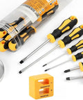 Ultimate Multi-Purpose Screwdriver Set With Ergonomic Non-Slip Cushion Grip Handle Designed For Heavy Duty Work and Precision Repairs While Reducing Hand Fatigue And Delivering Rock Solid Control On All Fastening Tasks Even In Messy Wet Or Oily Conditions. Yellow 6-piece screwdriver set with magnetizer and storage tube