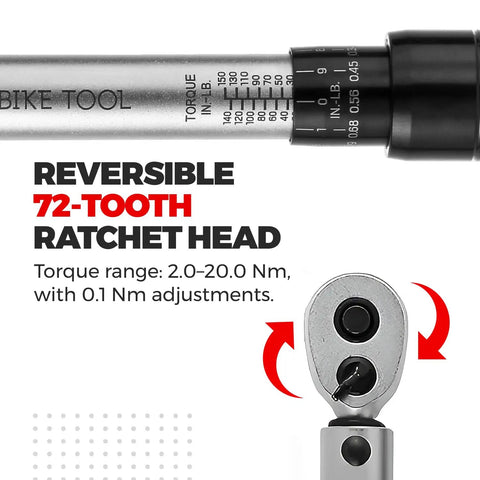 Image showing a reversible 72-tooth ratchet head with torque range details for the Pro Grade Bike Torque Wrench And Screwdriver Set For Your Ride Maintenance One Quarter Inch Drive Two Point Two To Sixteen Point Nine Newton Meters Includes Allen Torx Extension And Protective Case.