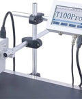 Straight Up Industrial Automatic Coding Machine Label Printer For Assembly Line Barcode QR Code And Date Marking Compact Packaging Automation Tool With No Fuss Setup And Rock Solid Performance mounted on a stand with display.