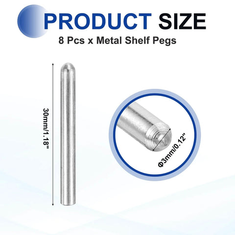 8 Pcs 304 Stainless Steel Dowel Pins 3x30mm Round Head Flat Chamfered End For Furniture DIY Projects Shelf Support Pegs And Rod Fasten Elements Heavy Duty Joint Pins For Quick Install, product size label, metal peg displayed.