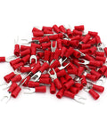 Insulated Fork Spade Terminal Connectors For 22 To 16 AWG Wires 100 Pack with red PVC sleeve and tin-plated copper