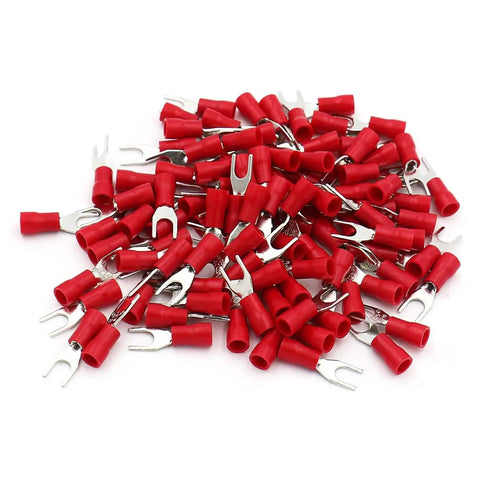 Insulated Fork Spade Terminal Connectors For 22 To 16 AWG Wires 100 Pack with red PVC sleeve and tin-plated copper