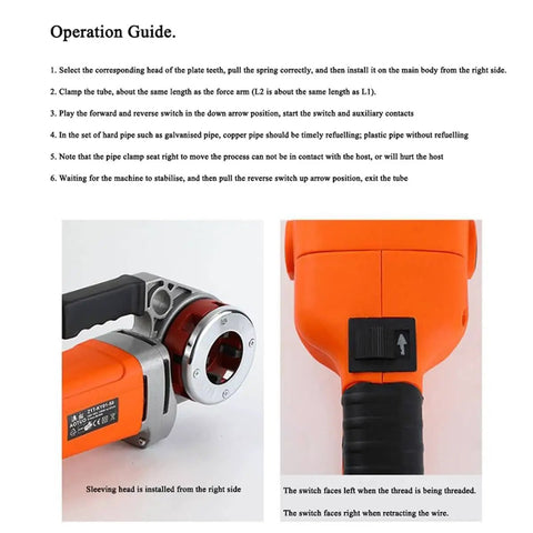 Operation guide for No Sweat 2300W Portable Electric Pipe Threading Machine With All Copper Motor And Six Built Tough Die Heads.