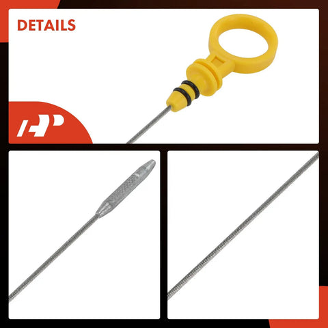 Close-up of Engine Oil Dipstick For 2.2L 2.4L 2.5L Engines Fits Chevy Equinox showing yellow handle and stainless steel rod.