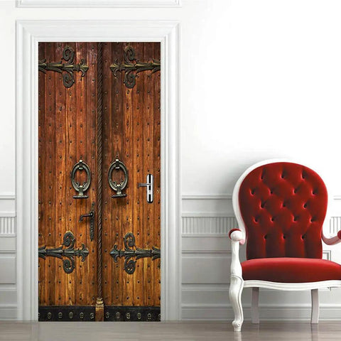 3D Classic Old Wood Door Decal Kit Peel And Stick Wall Mural Cover Removable Self Adhesive Wallpaper For Home Decor Two Panel Set 78.7 Inches Tall Per Panel Easy DIY Door Makeover on door with red chair beside