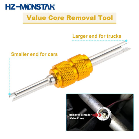 HZ-MONSTAR value core removal tool with orange knurled grip, side view for Schrader valve cores