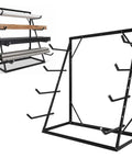 Heavy Duty 4 Tier Lumber Storage Rack With Adjustable Steel Frame And Tough As Nails Build showcasing pipes and wood on shelving.