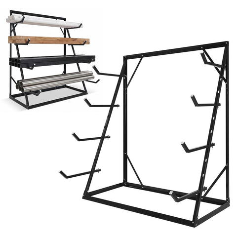 Heavy Duty 4 Tier Lumber Storage Rack With Adjustable Steel Frame And Tough As Nails Build showcasing pipes and wood on shelving.