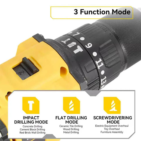 Badass Brushless Drill Driver Compatible With DeWalt 20V Batteries showing function modes for impact, flat drilling, and screwdriver use.
