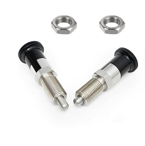 Heavy Duty Stainless Steel Push Fit Ball Nose Spring Plunger 2 Pack M16x1.5 with nuts for industrial applications.