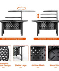 36 Inch Fire Pit With 2 Grills Lid And Round Waterproof Cover, showing swivel and adjustable grates with geometric design