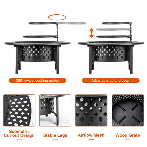 36 Inch Fire Pit With 2 Grills Lid And Round Waterproof Cover, showing swivel and adjustable grates with geometric design