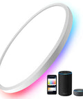 Smart RGB LED Ceiling Light 12 Inch Flush Mount 24W With WiFi And Voice Control For Alexa And Google Assistant 2700K To 6500K Brightness Easy Tuya App Setup For Bedroom Or Living Room showing light with app and Alexa devices