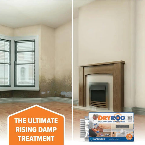 Damp Proofing Rods Ten Pack Next Generation DPC Treatment applied to rising damp wall beside untreated wall comparison