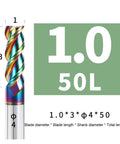 Premium 3Flute End Mill Set From HighSpeed Steel with rainbow finish, 1.0mm diameter, for CNC aluminum and wood projects.