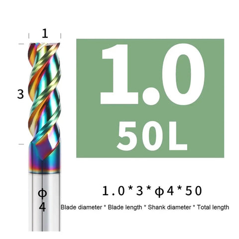Premium 3Flute End Mill Set From HighSpeed Steel with rainbow finish, 1.0mm diameter, for CNC aluminum and wood projects.