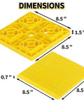 Top Shelf RV Leveling Blocks 12 Pack Stackable Jack Pads With Interlocking Grip And Durable Carry Case For Camper Travel Trailer Custom Height Setup Smooth Sailing With No Hassle, showing dimensions of yellow pads.