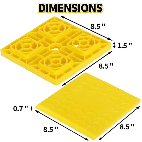 Top Shelf RV Leveling Blocks 12 Pack Stackable Jack Pads With Interlocking Grip And Durable Carry Case For Camper Travel Trailer Custom Height Setup Smooth Sailing With No Hassle, showing dimensions of yellow pads.