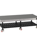 Boss Level Welding Workstation With Smooth Rolling Casters Heavy Duty Steel Fabrication Bench 120 By 60 Mobile Shop Worktable with grid top and shelf.