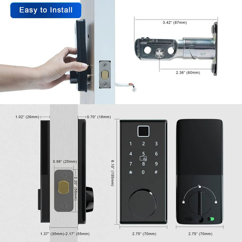 Touchscreen Smart Door Lock With Six In One Unlocking Fingerprint Scanner Anti Peep Password IC Card Bluetooth App Control Mechanical Key Backup Auto Lock Remote Access Easy Install dimensions and installation view.