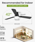 Diagram showing 42 Inch Modern Ceiling Fan With Lights And Remote dimensions for indoor rooms, living room, bedroom, and dining room.