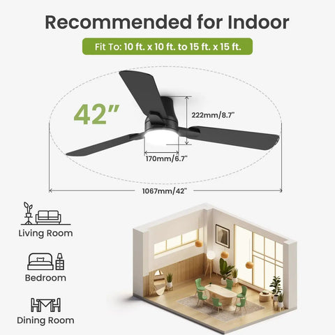 Diagram showing 42 Inch Modern Ceiling Fan With Lights And Remote dimensions for indoor rooms, living room, bedroom, and dining room.