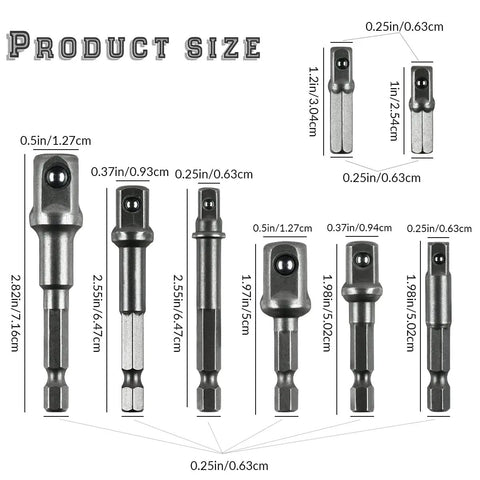 Pro Grade 8 Piece Impact Socket Adapter Set With Hex Shank Drill Bit Adapters and sizes labeled in inches and centimeters