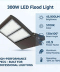 300W/240W/200W/150W LED Flood Light with U Bracket Super Bright 40500LM 4000/5000/5700K UL/DLC with aluminum alloy housing.
