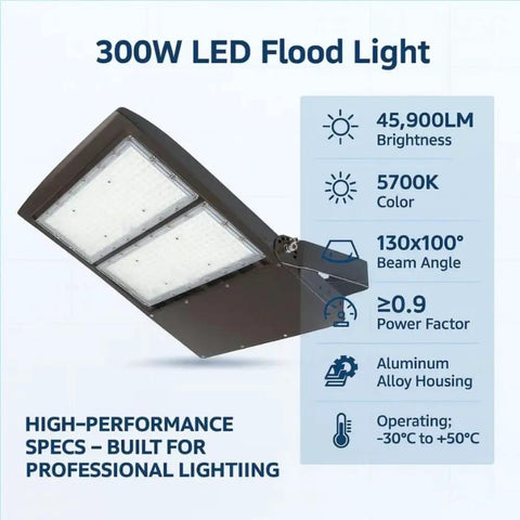 300W/240W/200W/150W LED Flood Light with U Bracket Super Bright 40500LM 4000/5000/5700K UL/DLC with aluminum alloy housing.