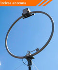 Circular wireless antenna against blue sky for mini nylon pulley set for wire antennas and DIY pulley frames, amateur radio use.