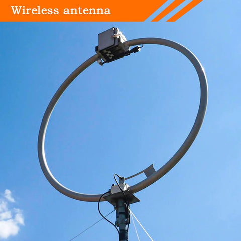 Circular wireless antenna against blue sky for mini nylon pulley set for wire antennas and DIY pulley frames, amateur radio use.