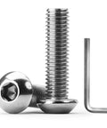 Built Tough M8 X 25mm Button Head Socket Cap Bolts 304 Stainless Steel Allen Drive Fasteners with tool, metric screws.