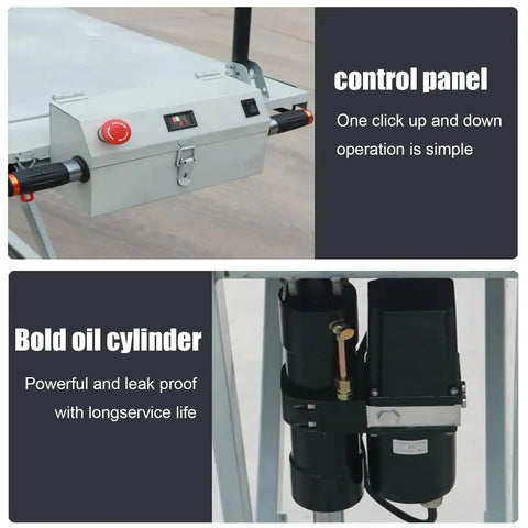 Control panel and bold oil cylinder of Heavy Duty Hydraulic Scissor Lift Trolley Cart With Electric Flatbed Platform.