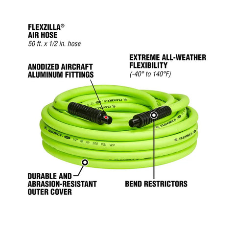 Coiled Half Inch By Fifty Foot Hybrid Air Hose With Three Eighths Inch MNPT Fittings Heavy Duty Lightweight ZillaGreen visible features.