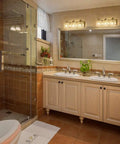 Bathroom with Crystal Drop Wall Sconce In Polished Chrome Finish Three Light Vanity Lighting Over Mirror