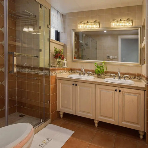 Bathroom with Crystal Drop Wall Sconce In Polished Chrome Finish Three Light Vanity Lighting Over Mirror