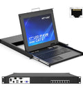 No Sweat Plug And Play Eight Port Kvm Switch With Seventeen Inch Lcd Rack Console displaying 17 inch screen and keyboard on rack mount.
