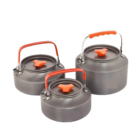 Lightweight Camping Water Kettle And Cookware Set 1.1L To 2L For Hiking with orange handles, three sizes shown