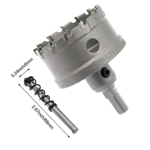 Heavy Duty 2 3/8 Inch Carbide Tipped Hole Saw Drill Bit Featuring Industrial TCT Cemented Teeth, with dimensions and pin.